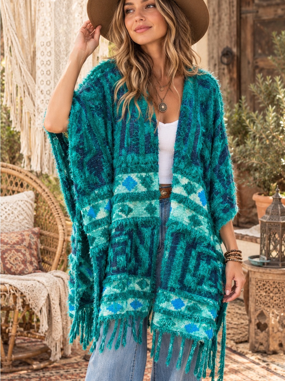 Free People Diamondback Cozy Kimono Poncho Emerald Green/Teal Aztec Southwest